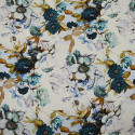Tissu satin de soie imprimé floral bleu et or