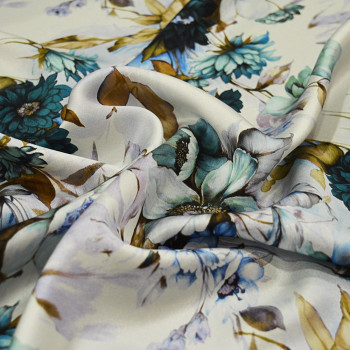 Floral print silk satin fabric blue and gold