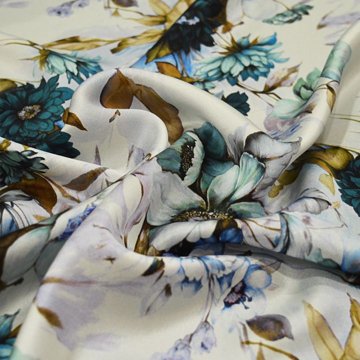 Floral print silk satin fabric blue and gold