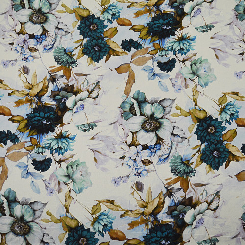 Tissu mousseline de soie imprimé floral bleu et or