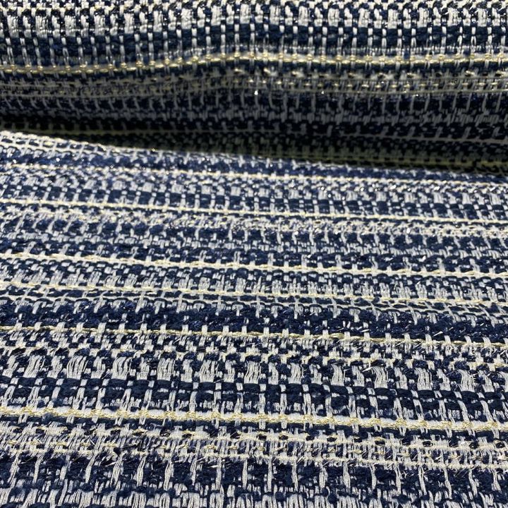 White and gold navy tweed woven and iridescent fabric