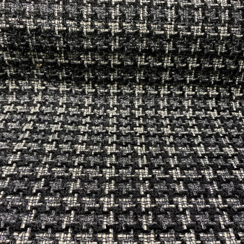 Tissu tissé et irisé effet tweed à carreaux noir blanc et argent