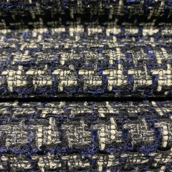 White and silver navy blue woven and iridescent fabric