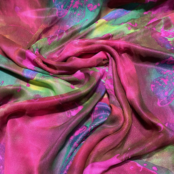 Crinkled silk chiffon with fuchsia psychedelic floral print