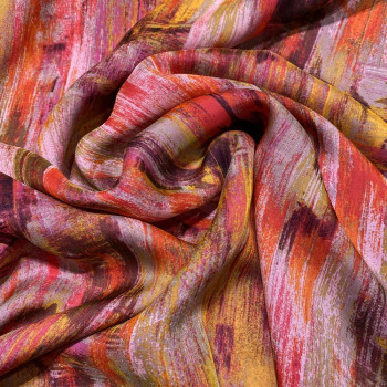 Tissu mousseline de soie imprimé abstrait rouge et orange