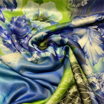 Silk chiffon fabric with green and blue abstract flower print