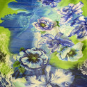 Silk chiffon fabric with green and blue abstract flower print
