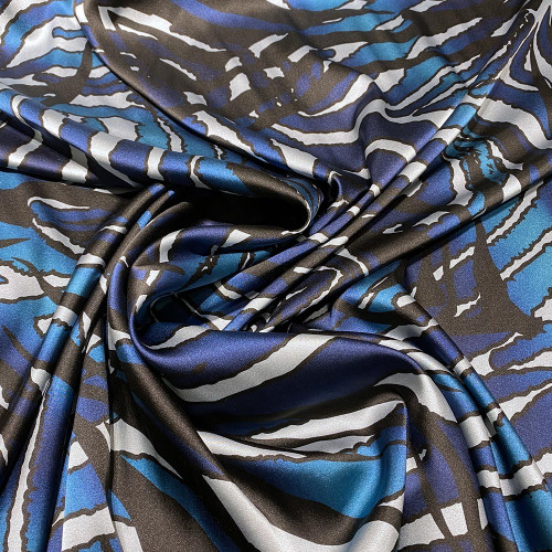 Blue zebra print stretch silk satin fabric