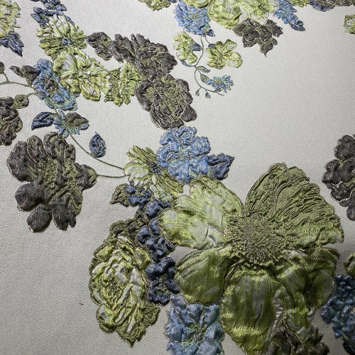 Green floral print silk brocade fabric