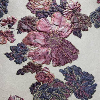 Tissu brocart de soie imprimé floral violet parme