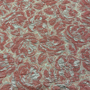 Coral floral print silk brocade fabric
