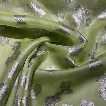 Green floral print silk brocade fabric