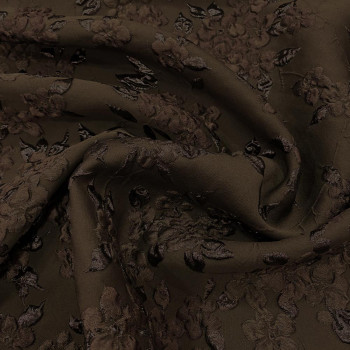 Brown floral print silk brocade fabric