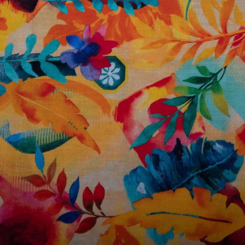 Floral print linen fabric on orange background