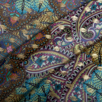 Chiffon fabric with paisley print and gold leaves