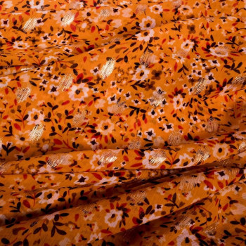 Chiffon fabric with floral print and gold leaves