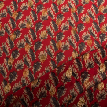 Red crepe chiffon fabric with gold leaves