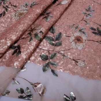 Sequin flowers fabric in pink relief