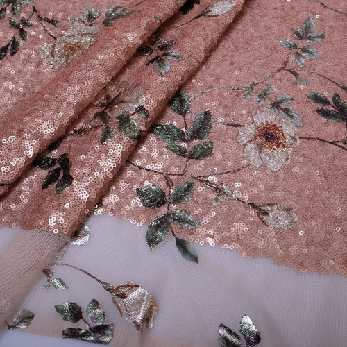 Tissu paillettes fleurs en relief rose