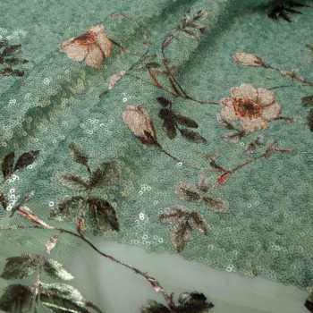 Sequin flowers fabric in green relief
