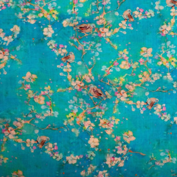 Blue/green turquoise floral print linen fabric