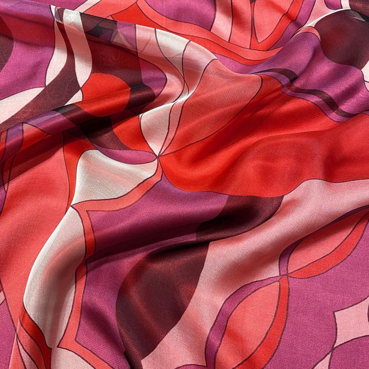100% silk chiffon fabric with red geometric print
