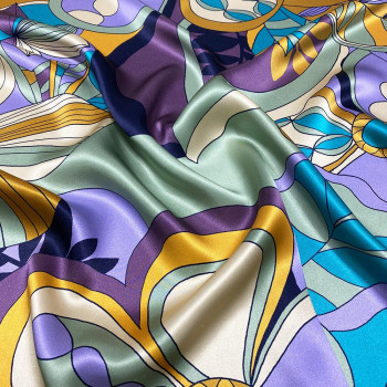 100% silk satin fabric with purple and yellow floral print