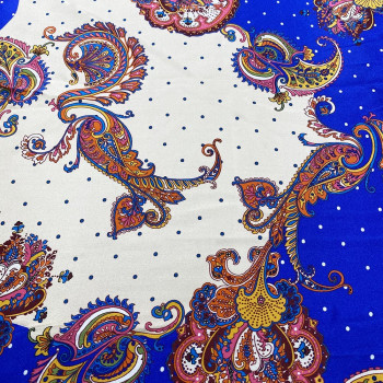 100% silk satin fabric with royal blue paisley print