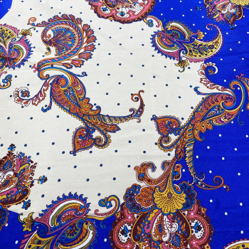 Tissu satin 100% soie imprimé paisley bleu