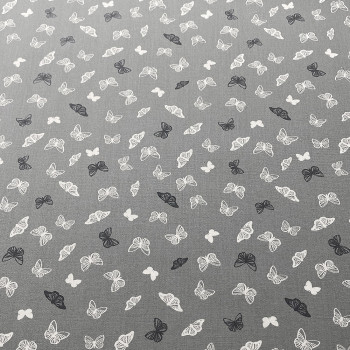 Tissu popeline 100% coton papillons gris