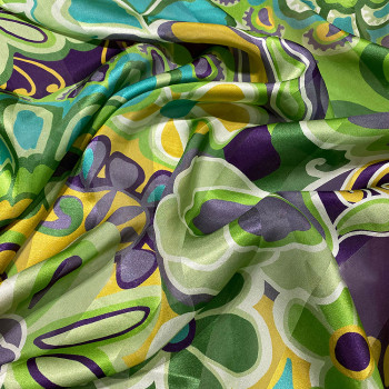 Tissu mousseline de soie imprimé bandes satin floral vert et jaune