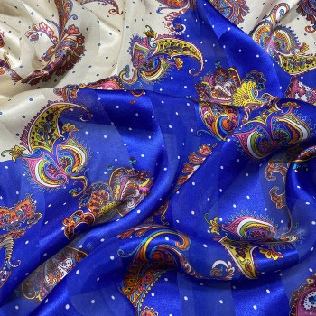 Tissu mousseline de soie imprimé bandes satin paisley bleu royal