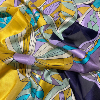 Tissu mousseline de soie avec bandes satin imprimé floral violet et jaune