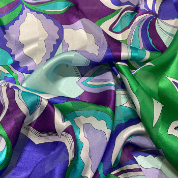 Printed silk chiffon fabric green and purple floral with satin bands