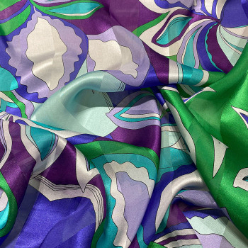 Printed silk chiffon fabric green and purple floral with satin bands