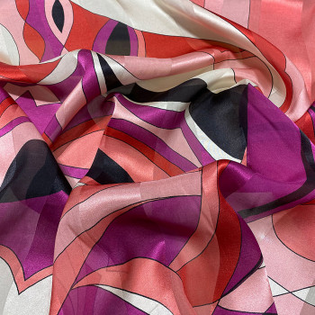 Tissu mousseline de soie avec bandes satin imprimé géométrique fuchsia et rose