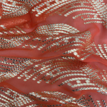 Metallic silk jacquard on a gold coral chiffon background