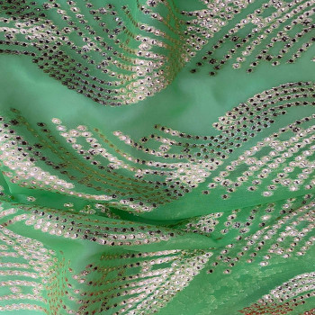 Tissu jacquard de soie tissé métal or sur fond mousseline vert anis