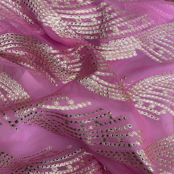 Tissu jacquard de soie métal sur fond mousseline rose vif or