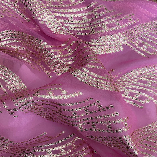 Tissu jacquard de soie tissé métal or sur fond mousseline rose vif