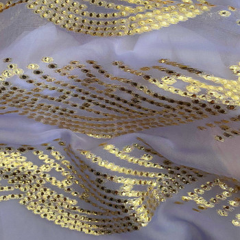 Tissu jacquard de soie métal sur fond mousseline lilas or