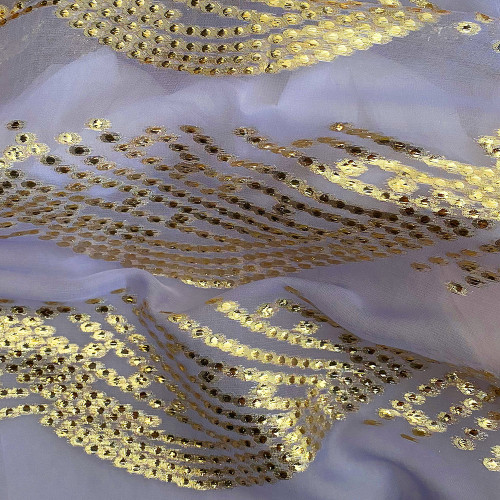 Gold metallic silk jacquard on lilac chiffon background