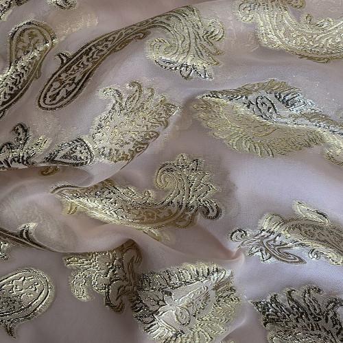 Gold metallic silk jacquard on a skin chiffon background