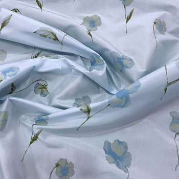 Sky blue floral print silk taffeta fabric