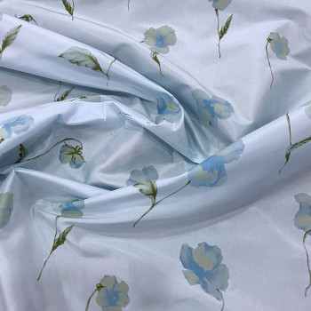 Tissu taffetas de soie imprimé floral bleu ciel