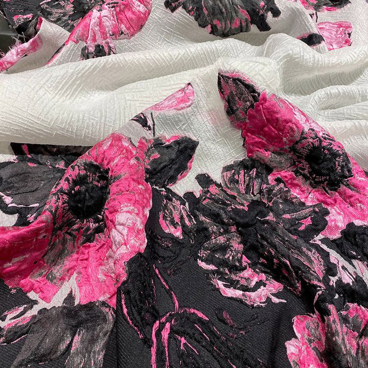 Fuchsia floral print silk brocade fabric