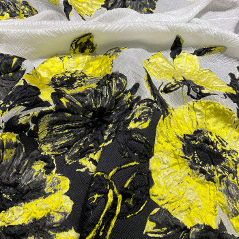Yellow floral print silk brocade fabric