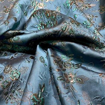 Tissu brocart de soie imprimé floral bleu canard