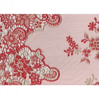 Coral embroidered tulle fabric