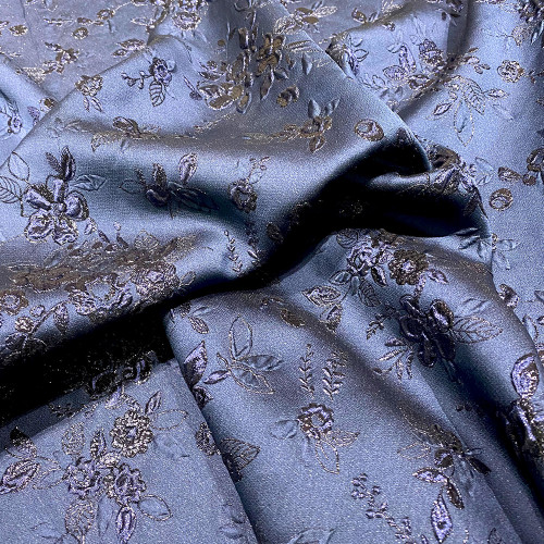 Navy blue floral print silk brocade fabric